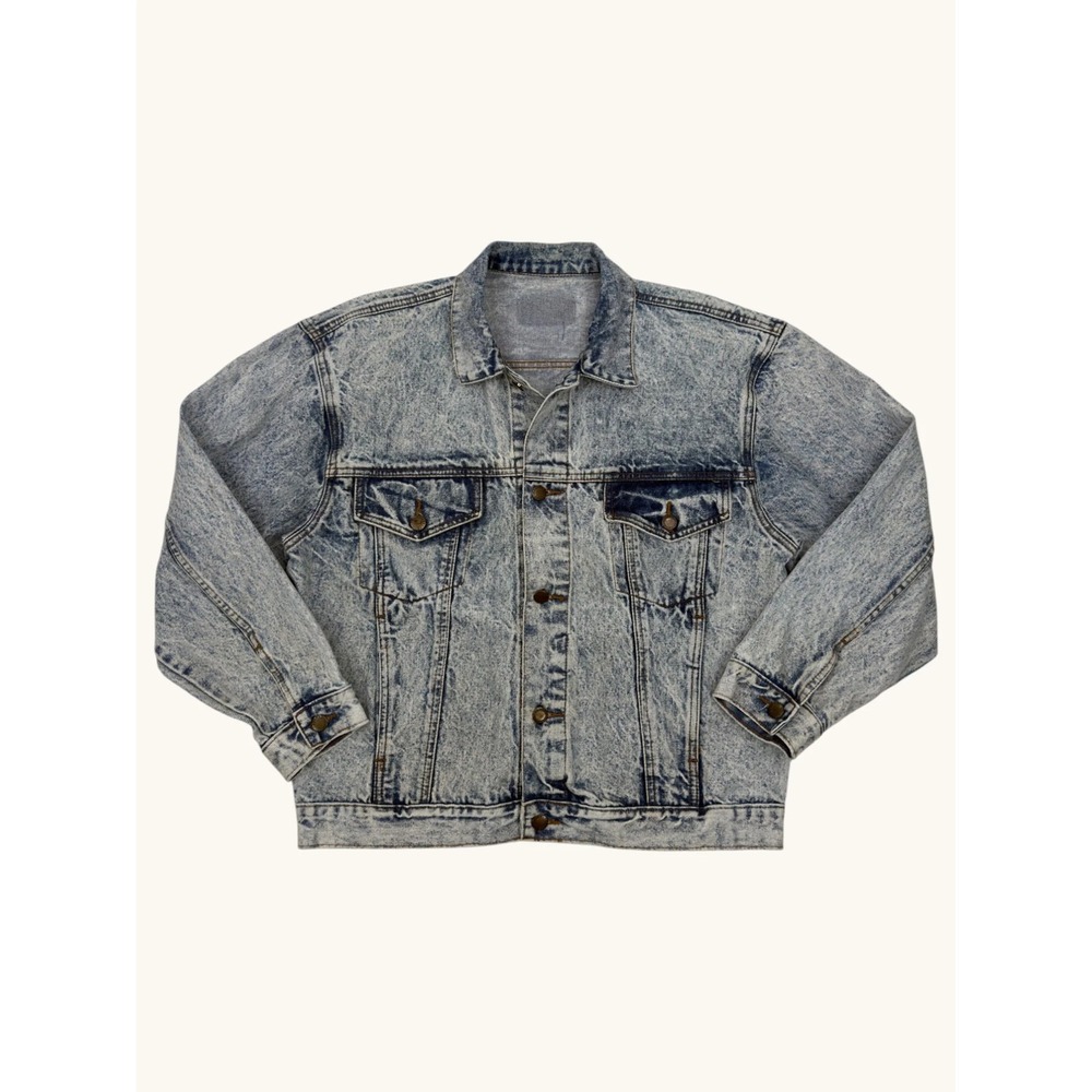 Vintage 80s Acid Wash Denim Trucker Jacket Light Blue Retro Jean Coat Mens L